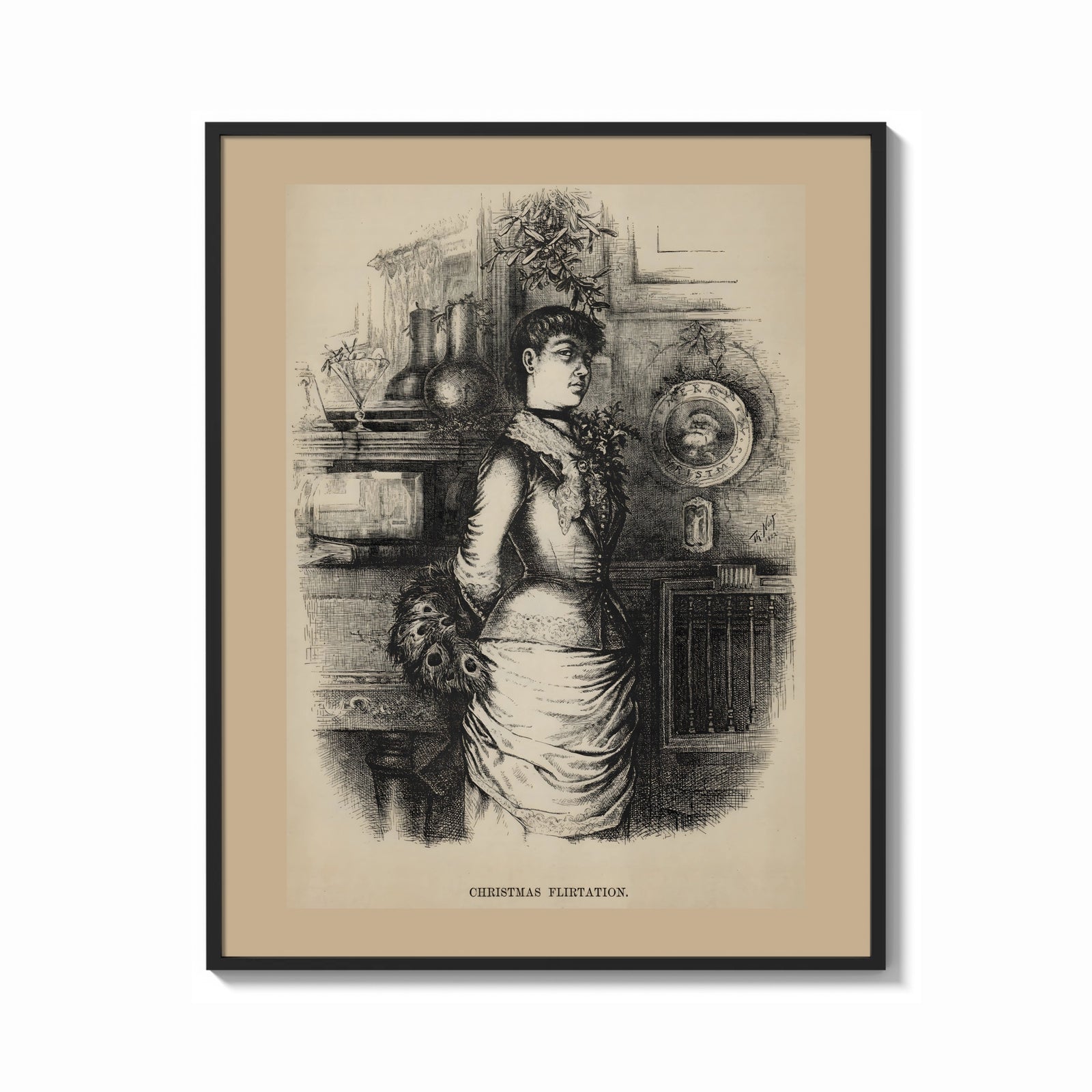Framed Young woman standing beneath mistletoe print shown as a bold statement piece on a clean gallery wall