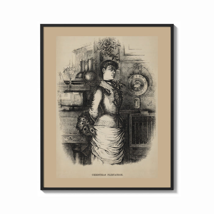 Framed Young woman standing beneath mistletoe print shown as a bold statement piece on a clean gallery wall