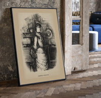 Young woman standing beneath mistletoe print in a black frame leaning beside a vintage door on parquet