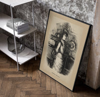 Young woman standing beneath mistletoe poster in a black frame leaning beside a shelf in a raw-plaster loft