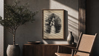 Young woman standing beneath mistletoe poster framed above a fluted sideboard beside an olive tree