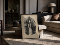 Young woman standing beneath mistletoe print in a black frame leaning on a travertine table in a sunlit lounge