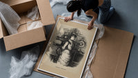 Young woman standing beneath mistletoe framed print being unpacked from protective bubble wrap and a box