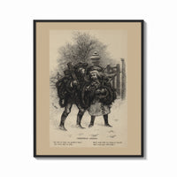 Framed Two children carrying Christmas evergreen boughs print shown as a bold statement piece on a clean gallery wall