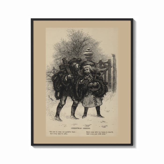 Framed Two children carrying Christmas evergreen boughs print shown as a bold statement piece on a clean gallery wall