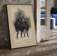 Two children carrying Christmas evergreen boughs print in a black frame leaning beside a vintage door on parquet