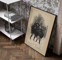 Two children carrying Christmas evergreen boughs poster in a black frame leaning beside a shelf in a raw-plaster loft