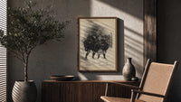 Two children carrying Christmas evergreen boughs poster framed above a fluted sideboard beside an olive tree
