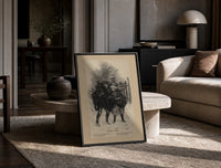Two children carrying Christmas evergreen boughs print in a black frame leaning on a travertine table in a sunlit lounge