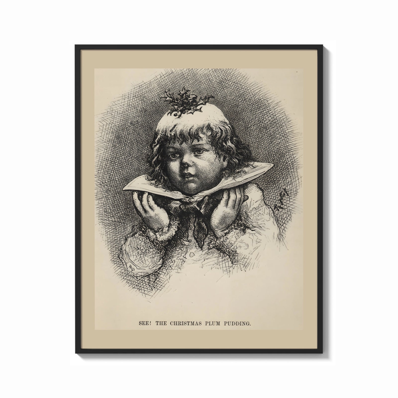 Framed Child's face as Christmas plum pudding print shown as a bold statement piece on a clean gallery wall