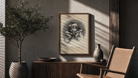 Child's face as Christmas plum pudding poster framed above a fluted sideboard beside an olive tree