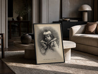 Child's face as Christmas plum pudding print in a black frame leaning on a travertine table in a sunlit lounge