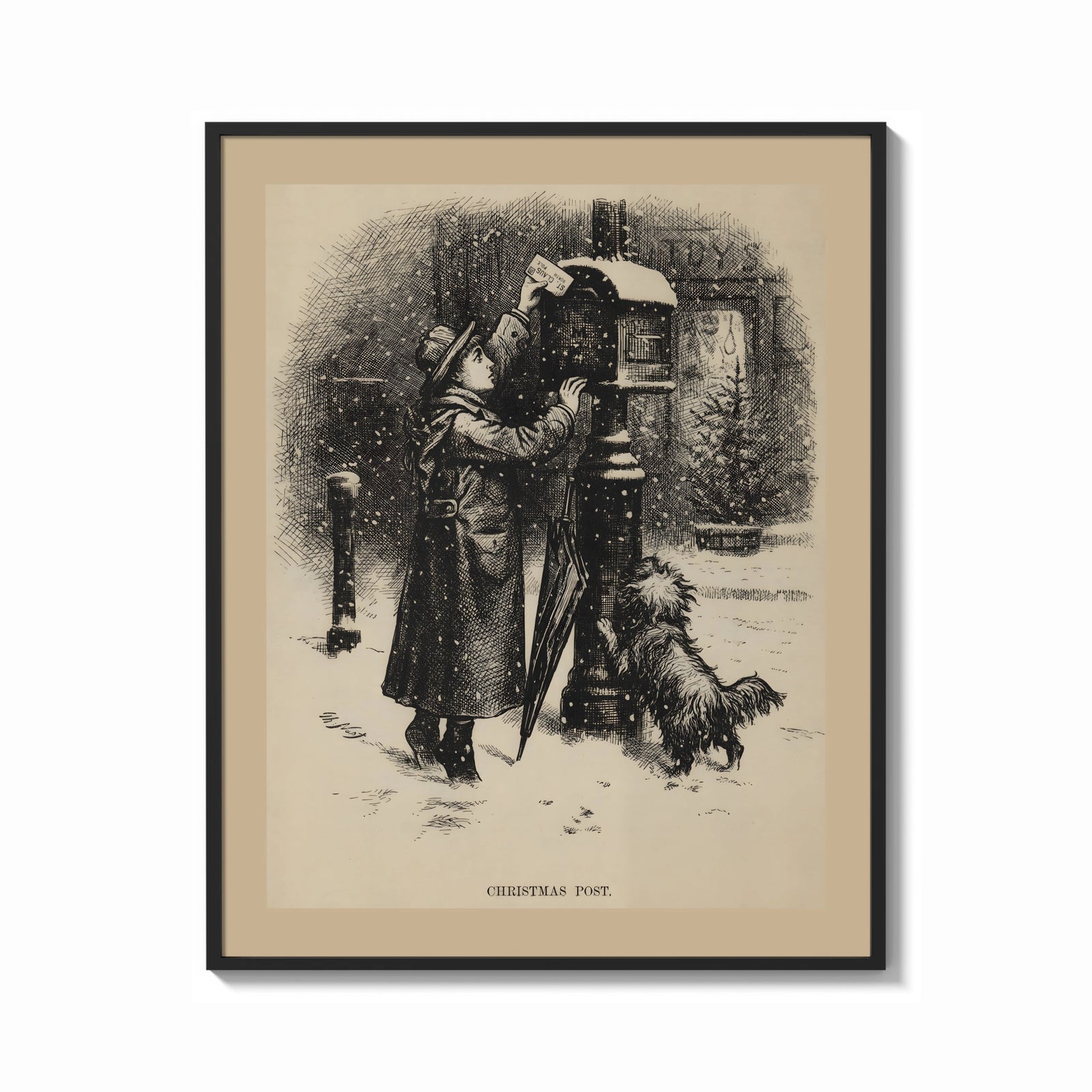 Framed Child mailing letter to Santa print shown as a bold statement piece on a clean gallery wall