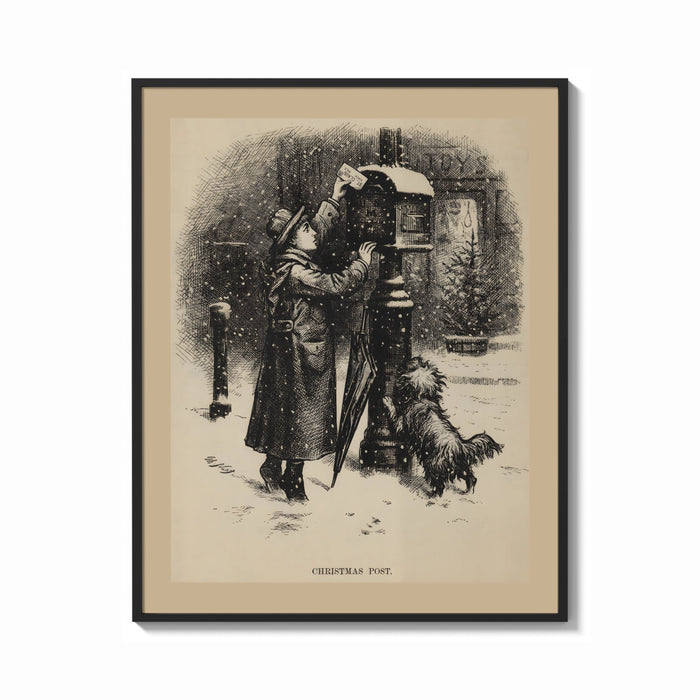 Framed Child mailing letter to Santa print shown as a bold statement piece on a clean gallery wall