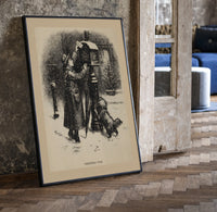 Child mailing letter to Santa print in a black frame leaning beside a vintage door on parquet