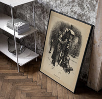 Child mailing letter to Santa poster in a black frame leaning beside a shelf in a raw-plaster loft