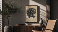 Child mailing letter to Santa poster framed above a fluted sideboard beside an olive tree
