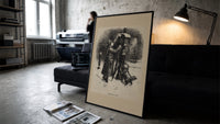 Child mailing letter to Santa print in a slim black frame leaning on a dark sofa in a concrete print studio