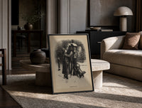 Child mailing letter to Santa print in a black frame leaning on a travertine table in a sunlit lounge
