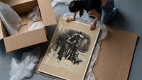 Child mailing letter to Santa framed print being unpacked from protective bubble wrap and a box