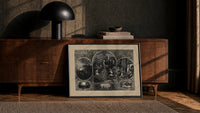 Soldier reunited with family at Christmas print in a black frame leaning against a walnut console in lamplight