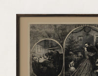 Close-up of the Soldier reunited with family at Christmas print's dark wood frame corner and archival matte paper