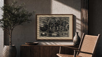 Soldier reunited with family at Christmas print in a wood frame above a fluted sideboard beside an olive tree