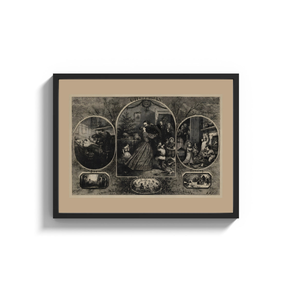 Framed Soldier reunited with family at Christmas print shown as a wide statement piece on a clean white wall