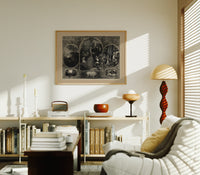 Soldier reunited with family at Christmas print in an oak frame above a mid-century book console with a vintage radio