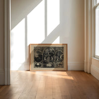Soldier reunited with family at Christmas print in an oak frame on a sunlit wood floor beneath tall window light