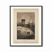 Framed Santa Claus in sleigh on rooftop print shown as a bold statement piece on a clean gallery wall