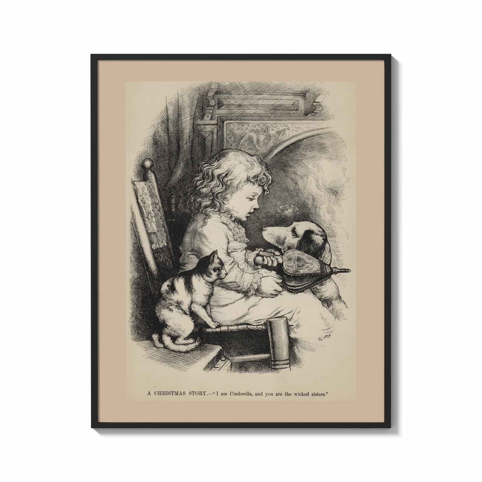 Framed Curly-haired child with dog and cat print shown as a bold statement piece on a clean gallery wall