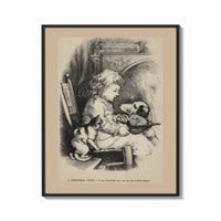 Framed Curly-haired child with dog and cat print shown as a bold statement piece on a clean gallery wall