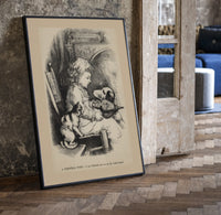 Curly-haired child with dog and cat print in a black frame leaning beside a vintage door on parquet
