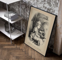 Curly-haired child with dog and cat poster in a black frame leaning beside a shelf in a raw-plaster loft