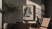Curly-haired child with dog and cat poster framed above a fluted sideboard beside an olive tree