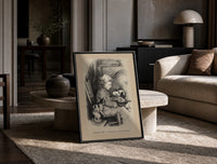 Curly-haired child with dog and cat print in a black frame leaning on a travertine table in a sunlit lounge