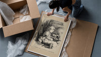 Curly-haired child with dog and cat framed print being unpacked from protective bubble wrap and a box