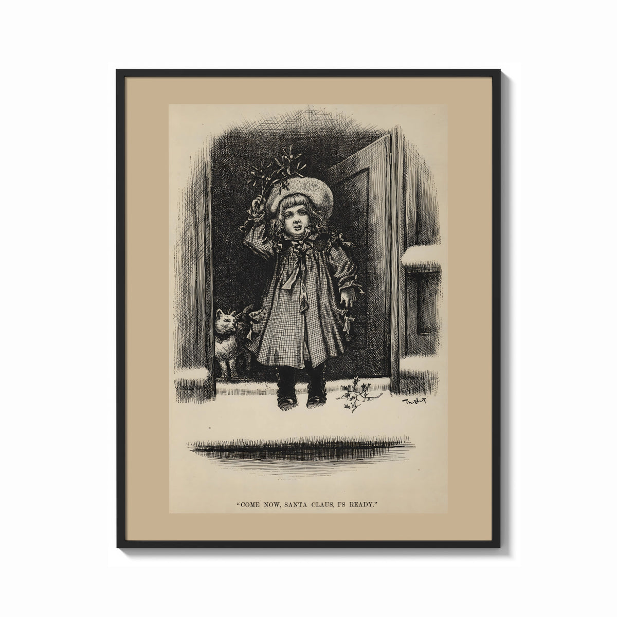 Framed Child holding mistletoe in doorway print shown as a bold statement piece on a clean gallery wall