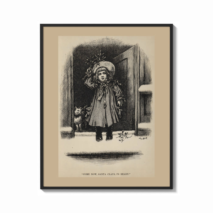Framed Child holding mistletoe in doorway print shown as a bold statement piece on a clean gallery wall
