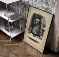 Child holding mistletoe in doorway poster in a black frame leaning beside a shelf in a raw-plaster loft