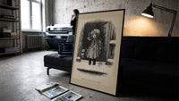 Child holding mistletoe in doorway print in a slim black frame leaning on a dark sofa in a concrete print studio