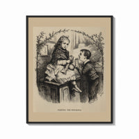 Framed Girl darning stocking with boy watching print shown as a bold statement piece on a clean gallery wall