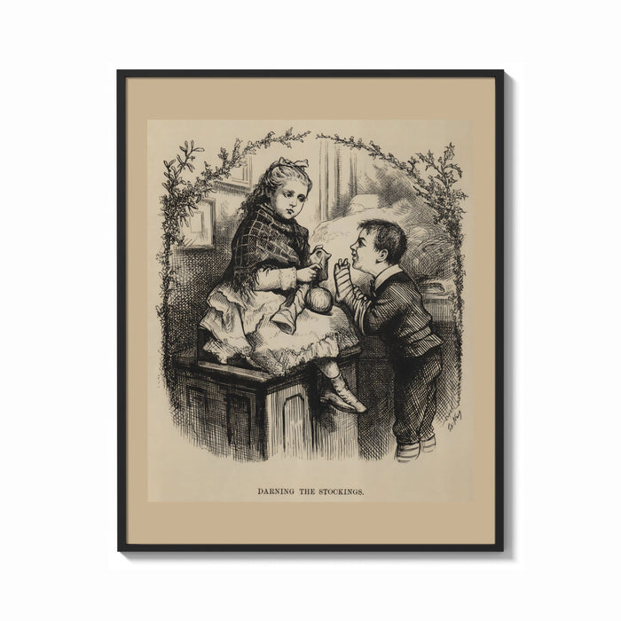 Framed Girl darning stocking with boy watching print shown as a bold statement piece on a clean gallery wall