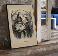 Girl darning stocking with boy watching print in a black frame leaning beside a vintage door on parquet