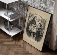 Girl darning stocking with boy watching poster in a black frame leaning beside a shelf in a raw-plaster loft