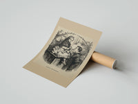 Rolled Girl darning stocking with boy watching poster beside its crush-resistant kraft shipping tube