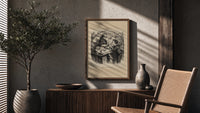 Girl darning stocking with boy watching poster framed above a fluted sideboard beside an olive tree