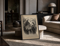 Girl darning stocking with boy watching print in a black frame leaning on a travertine table in a sunlit lounge