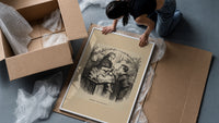 Girl darning stocking with boy watching framed print being unpacked from protective bubble wrap and a box
